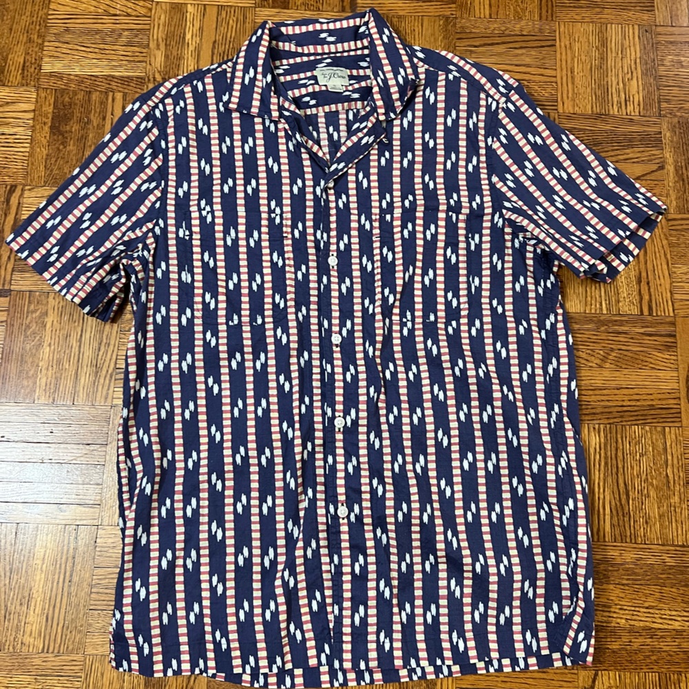 J. Crew Navy and Red/Yellow Striped Short Sleeve Shirt Small